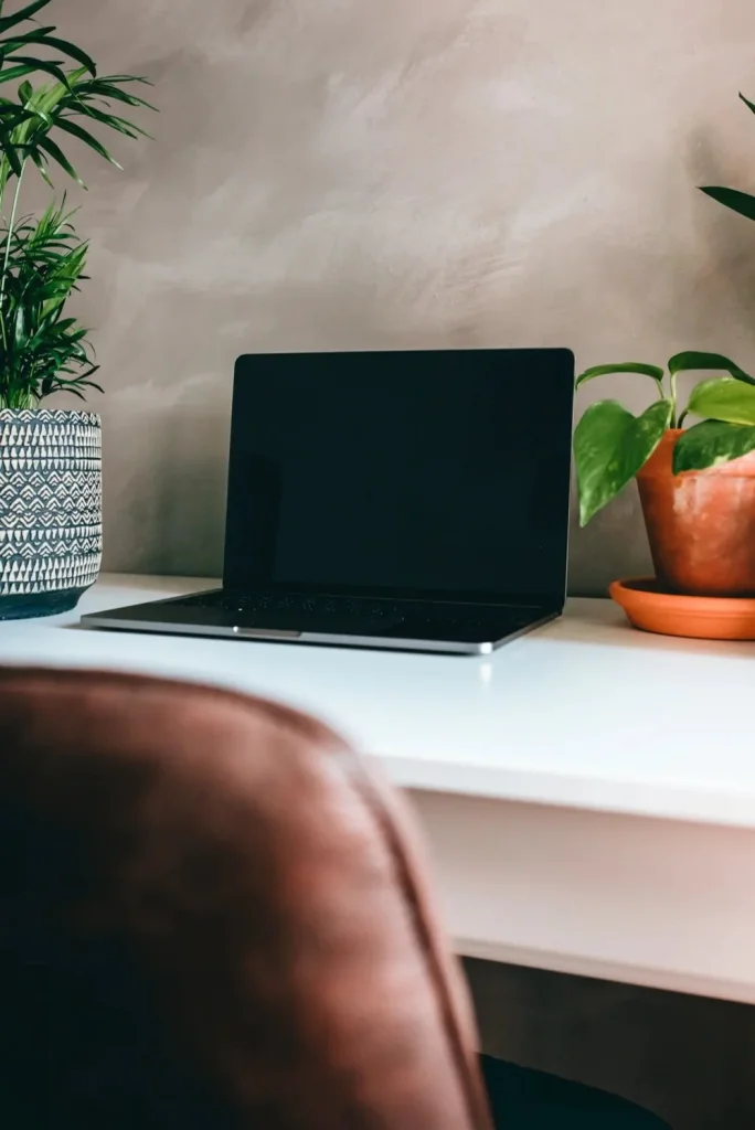 A laptop on a white desk between two potted plants